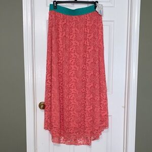 LuLaRoe XL Lucy Coral Skirt With Teal Waistband NWT
